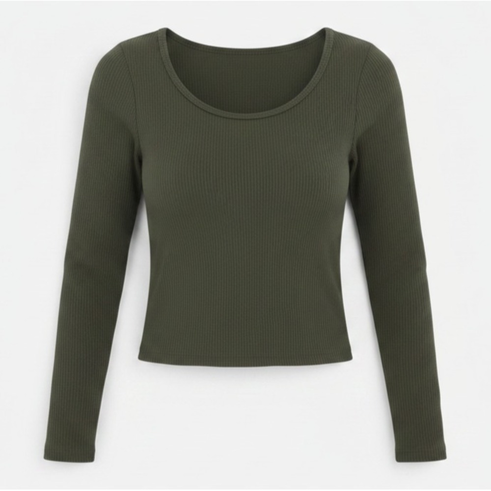 No Boundaries Womens Top Sz S Green Seamless Rib Knit Crop Long Sleeve Casual
